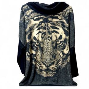 Shana K Tiger Face Sweater Black Gray Cowl Neck